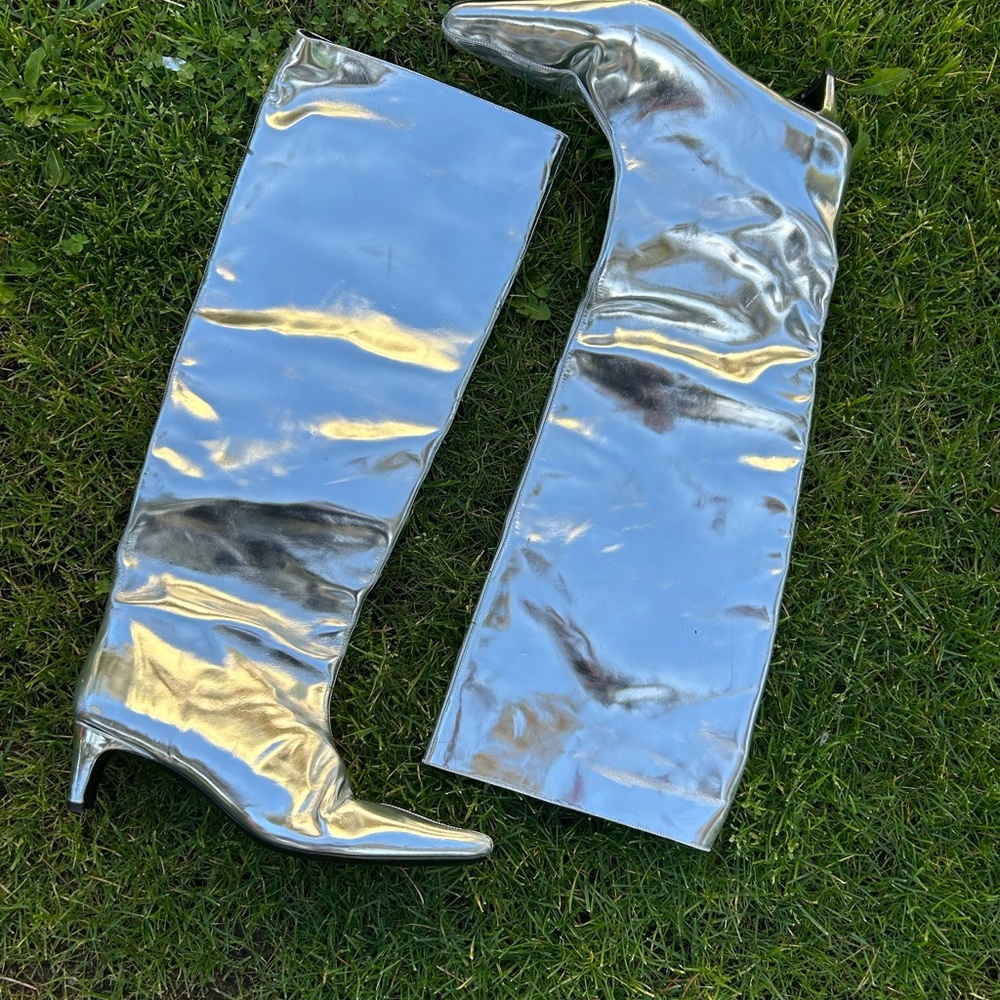 STAUD Metallic Silver Over the Knee Boots